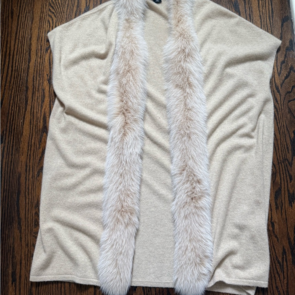 Sofia Cashmere Cream Shrug with real fox fur sleeveless cardigan